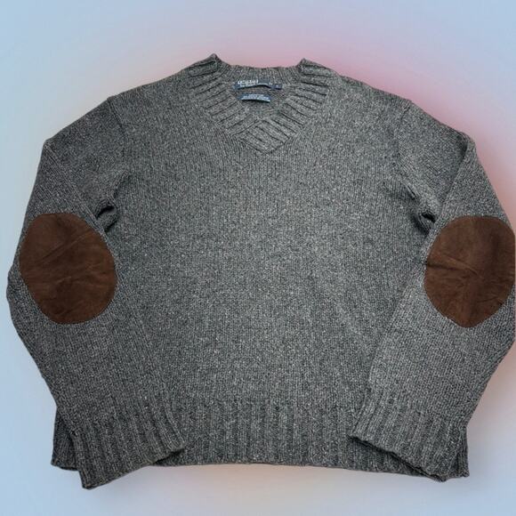 POLO RALPH LAUREN Large Gray Cotton Hemp V Neck Knit Sweater leather elbow pads - Picture 1 of 3